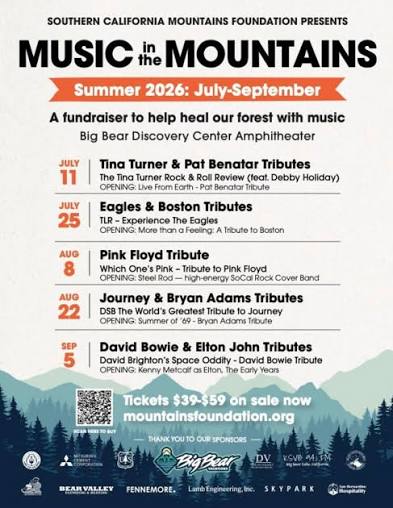 Music in the Mountains 2026 concert series schedule at the Big Bear Discovery Center Amphitheater in Big Bear Lake, California.